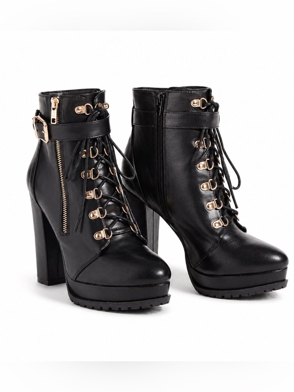 Black Lace-Up Platform Ankle Boots with Gold Hardware | $60 MSRP